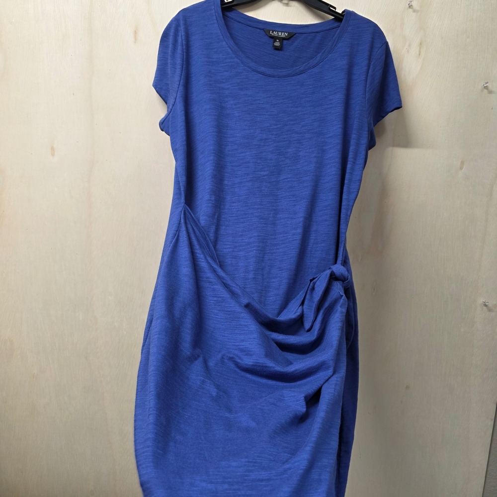 Lauren Ralph Lauren Blue Cotton Slub Faux Wrap Side Tie T-Shirt Dress 14 - Picture 6 of 10